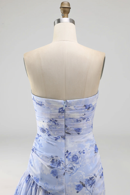 Light Blue Ruffled Tiered A Line Floral Ruched Long Wedding Guest Dress with Slit