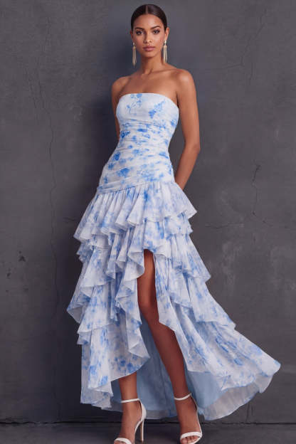 Leely Women Light Blue A Line Floral Ruched Long Wedding Guest Dress with Slit Ruffled Tiered Strapless Backless Garden Party Dress