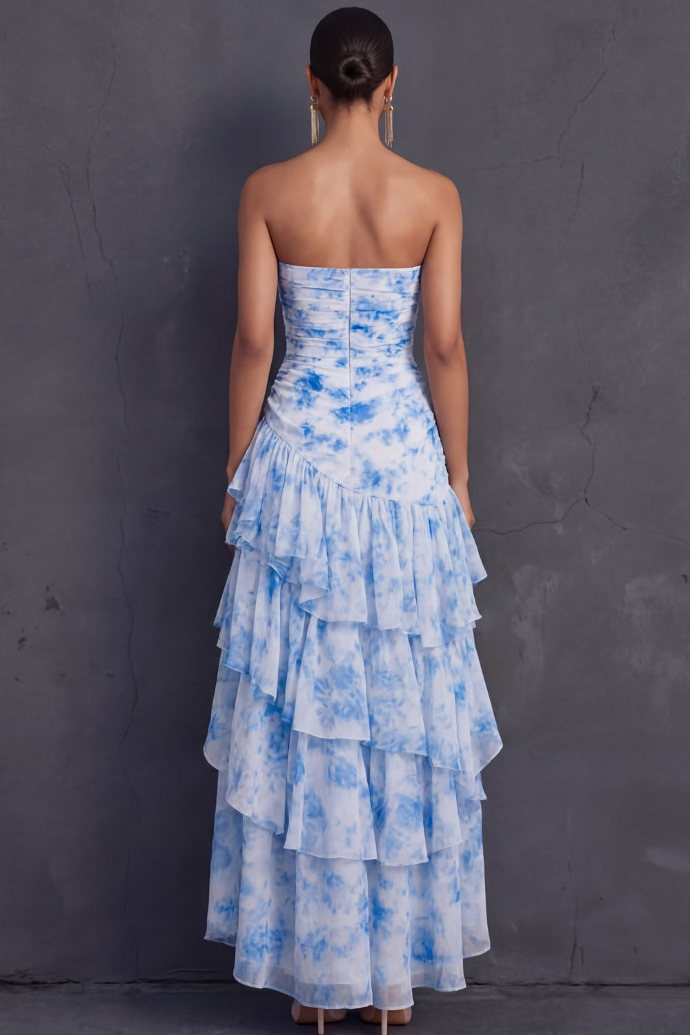 Light Blue Ruffled Tiered A Line Floral Ruched Long Wedding Guest Dress with Slit