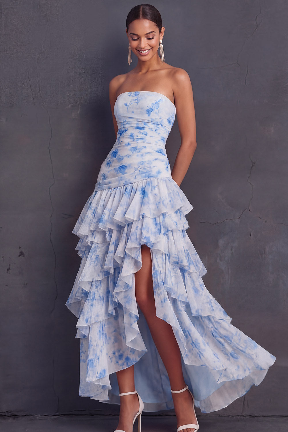 Light Blue Ruffled Tiered A Line Floral Ruched Long Wedding Guest Dress with Slit