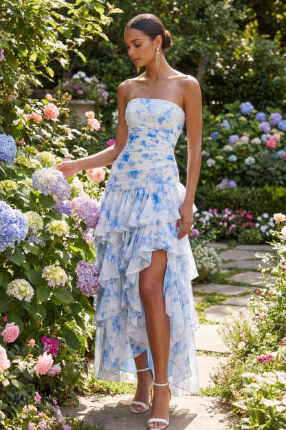 Light Blue Ruffled Tiered A Line Floral Ruched Long Wedding Guest Dress with Slit