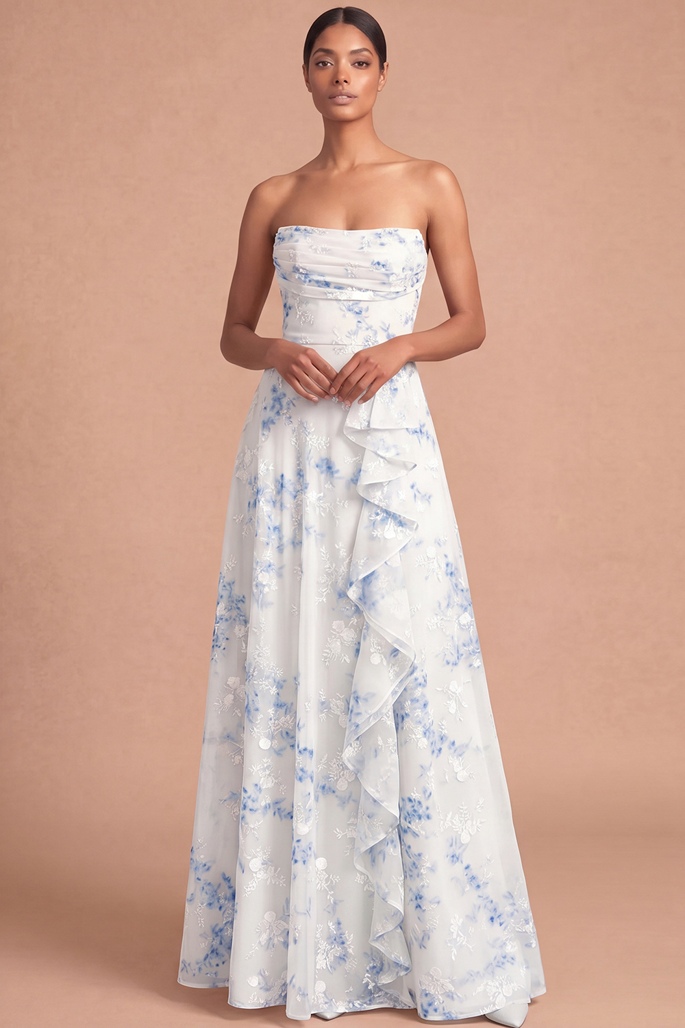 Floral Champagne A Line Strapless Ruffled Long Beach Wedding Guest Dress
