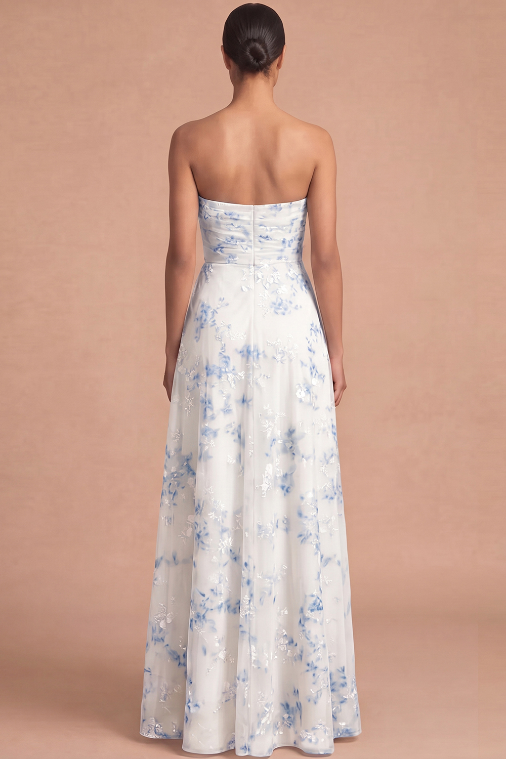 Floral Champagne A Line Strapless Ruffled Long Beach Wedding Guest Dress