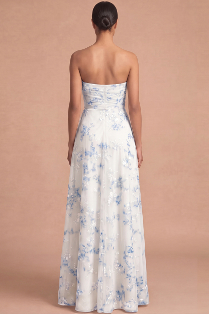 Floral Champagne A Line Strapless Ruffled Long Beach Wedding Guest Dress