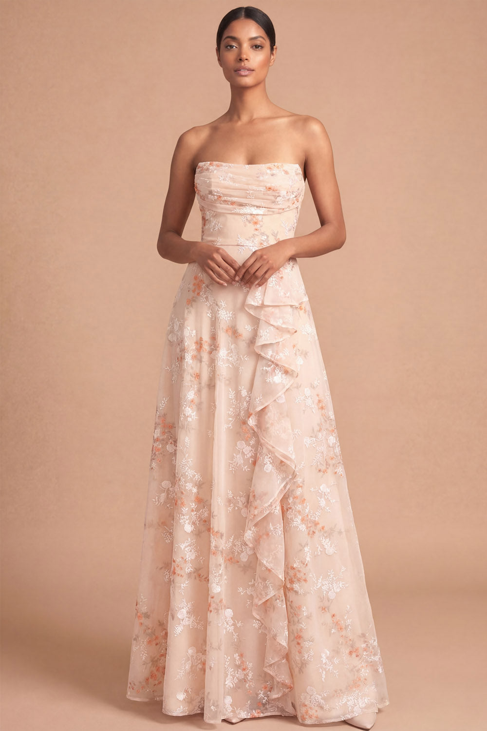 Leely Women Floral Champagne A Line Long Beach Wedding Guest Dress Strapless Ruffled Ruched Garden Party Dress