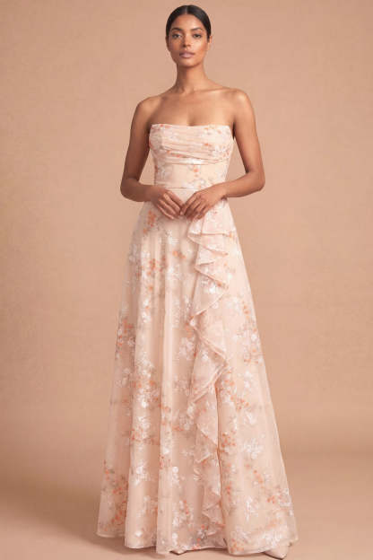 Leely Women Floral Champagne A Line Long Beach Wedding Guest Dress Strapless Ruffled Ruched Garden Party Dress
