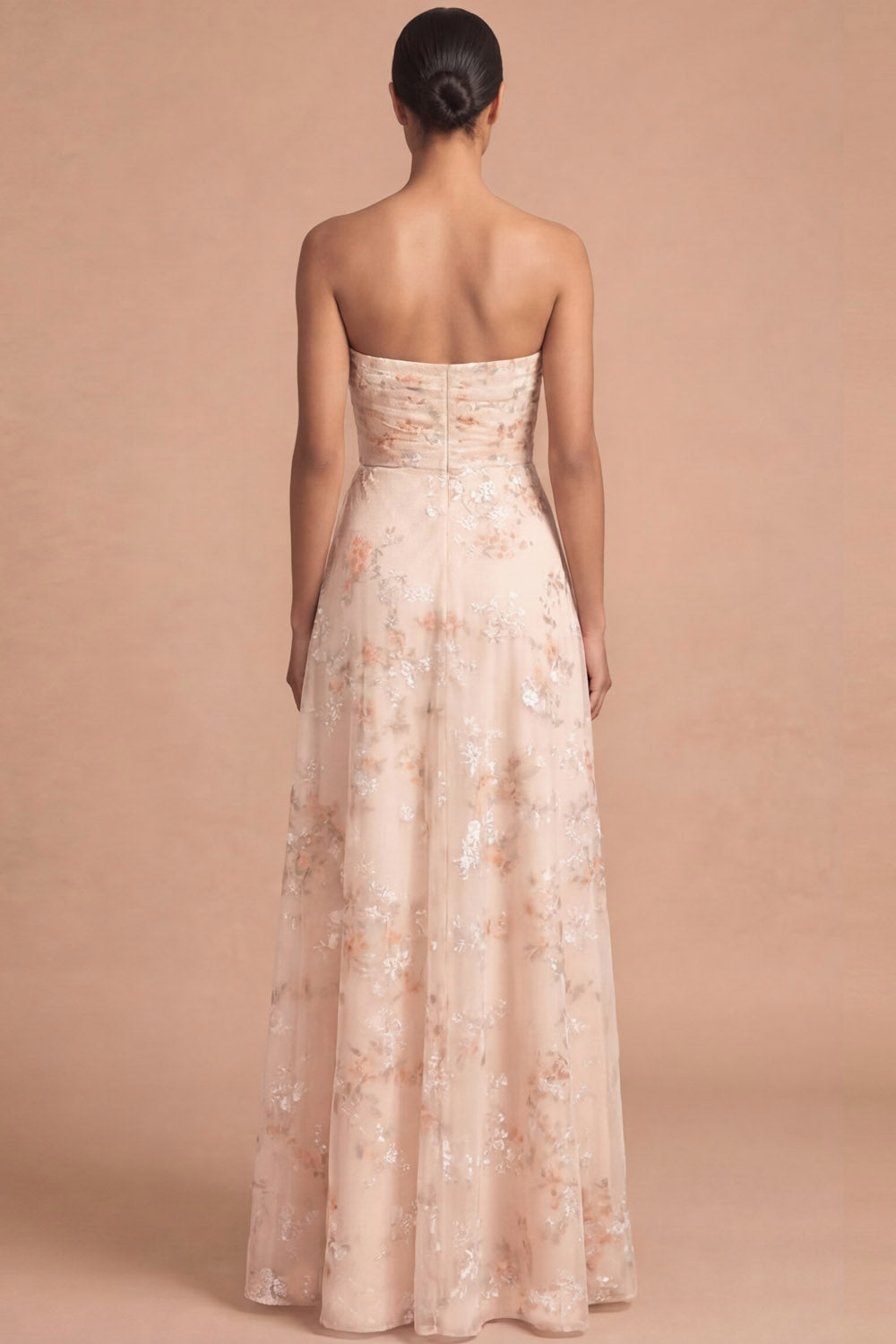 Floral Champagne A Line Strapless Ruffled Long Beach Wedding Guest Dress