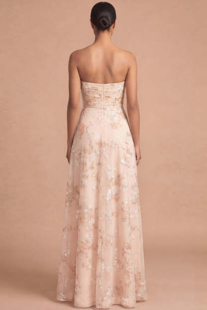 Floral Champagne A Line Strapless Ruffled Long Beach Wedding Guest Dress