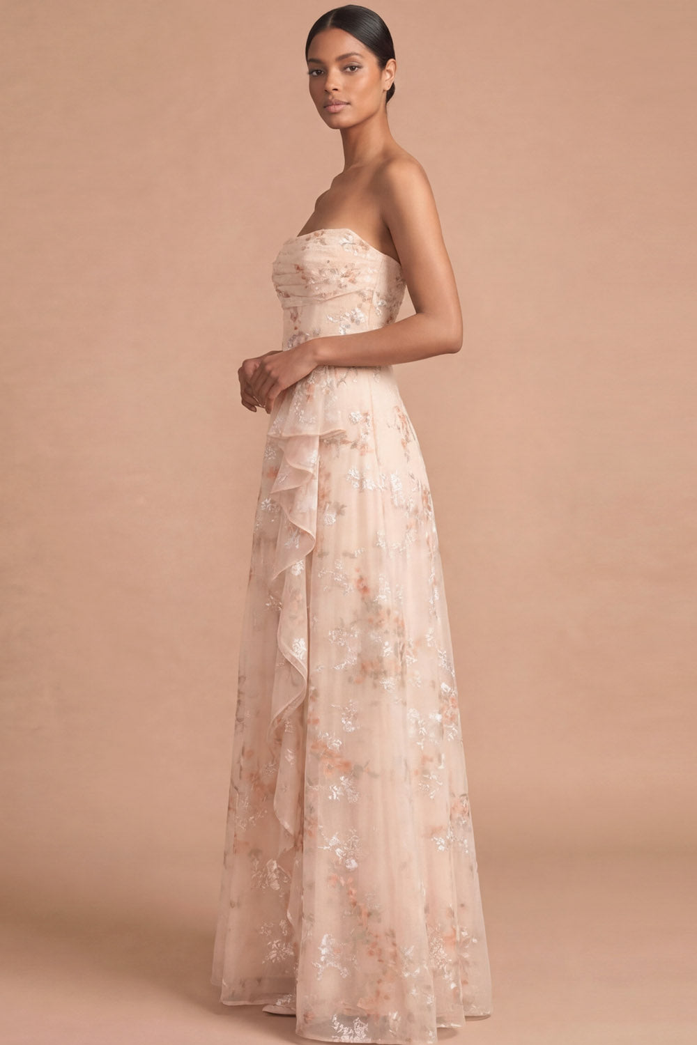 Floral Champagne A Line Strapless Ruffled Long Beach Wedding Guest Dress
