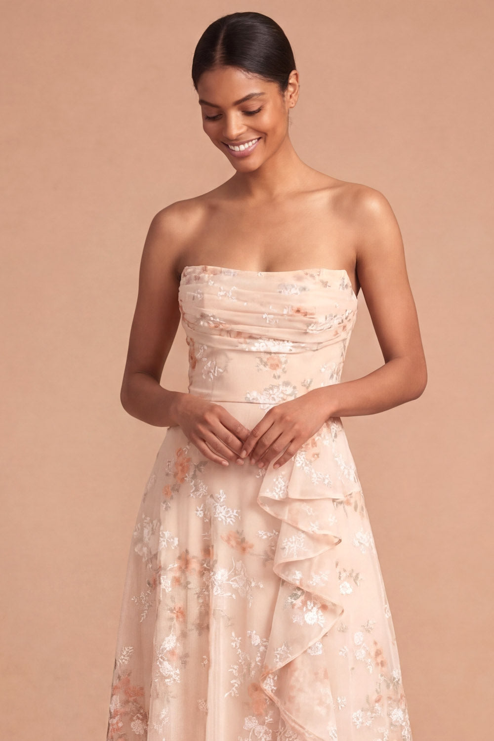 Floral Champagne A Line Strapless Ruffled Long Beach Wedding Guest Dress