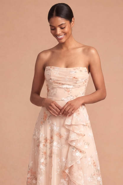 Floral Champagne A Line Strapless Ruffled Long Beach Wedding Guest Dress