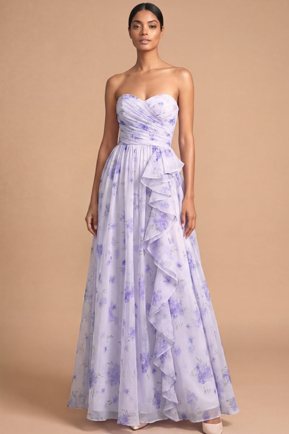 Leely Women Lilac Floral Maxi Wedding Guest Dress with Ruffles Sweetheart Ruched A Line Sleeveless Garden Party Dress