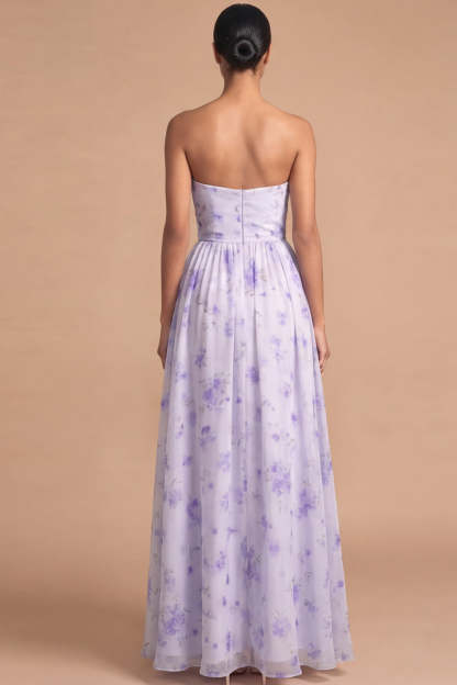 Lilac Sweetheart Floral A Line Maxi Wedding Guest Dress with Ruffles