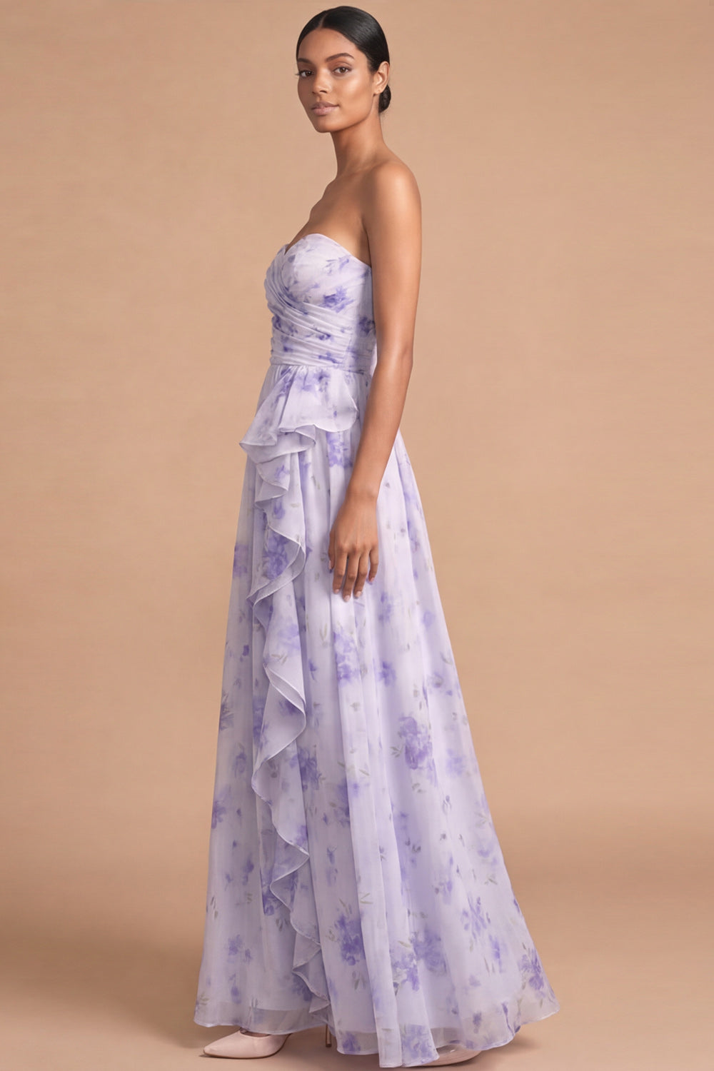 Lilac Sweetheart Floral A Line Maxi Wedding Guest Dress with Ruffles