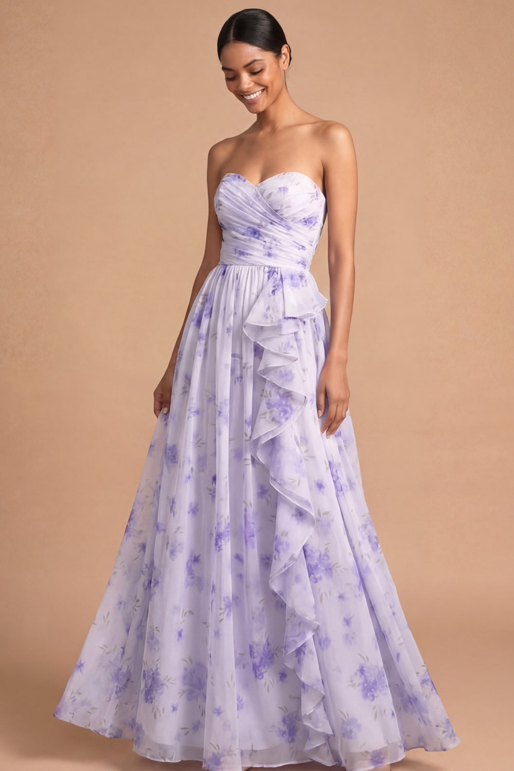 Lilac Sweetheart Floral A Line Maxi Wedding Guest Dress with Ruffles