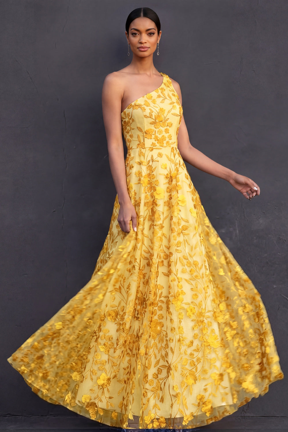 Leely Women One Shoulder A Line Yellow Floral Long Wedding Guest Dress Appliqued Backless Sleeveless Garden Party Dress
