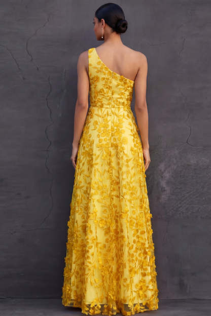 One Shoulder A Line Yellow Floral Appliqued Long Wedding Guest Dress