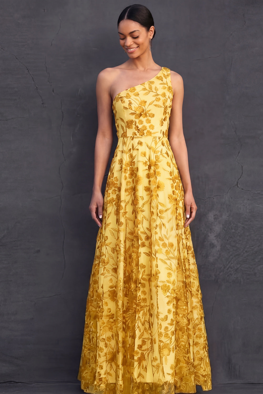 One Shoulder A Line Yellow Floral Appliqued Long Wedding Guest Dress