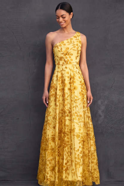 One Shoulder A Line Yellow Floral Appliqued Long Wedding Guest Dress