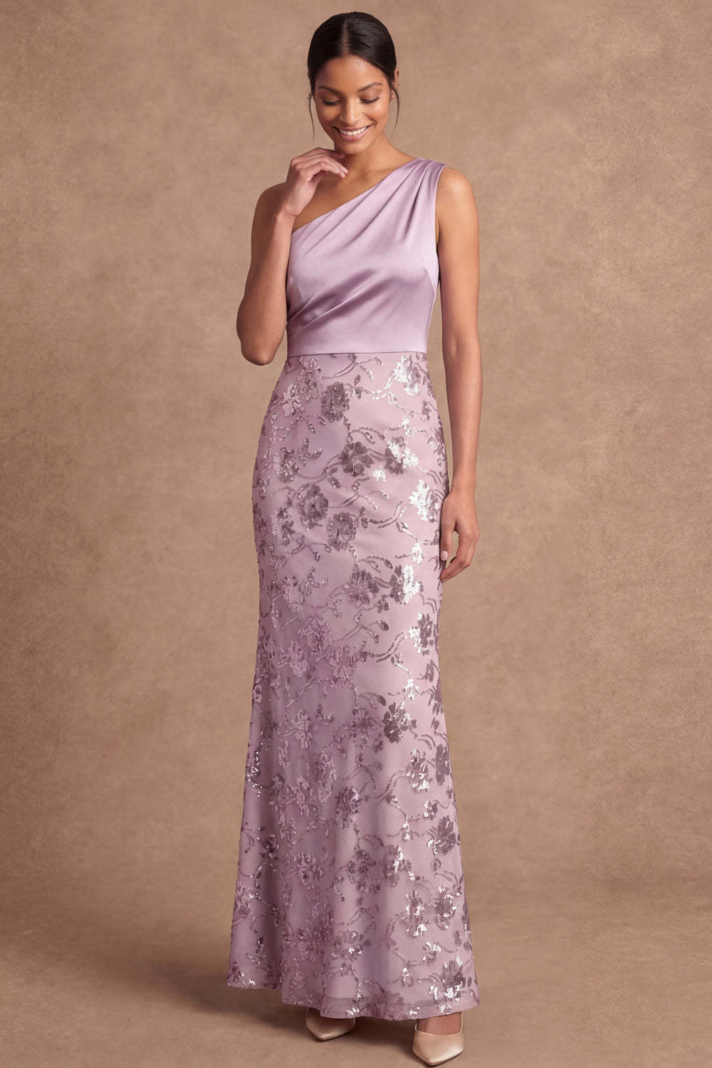 Leely Women One Shoulder Lilac Sheath Floral Appliqued Long Wedding Guest Dress Backless Sleeveless Garden Party Dress