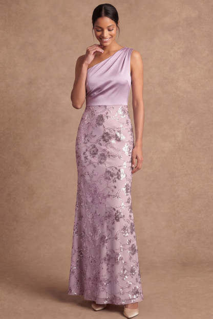 Leely Women One Shoulder Lilac Sheath Floral Appliqued Long Wedding Guest Dress Backless Sleeveless Garden Party Dress