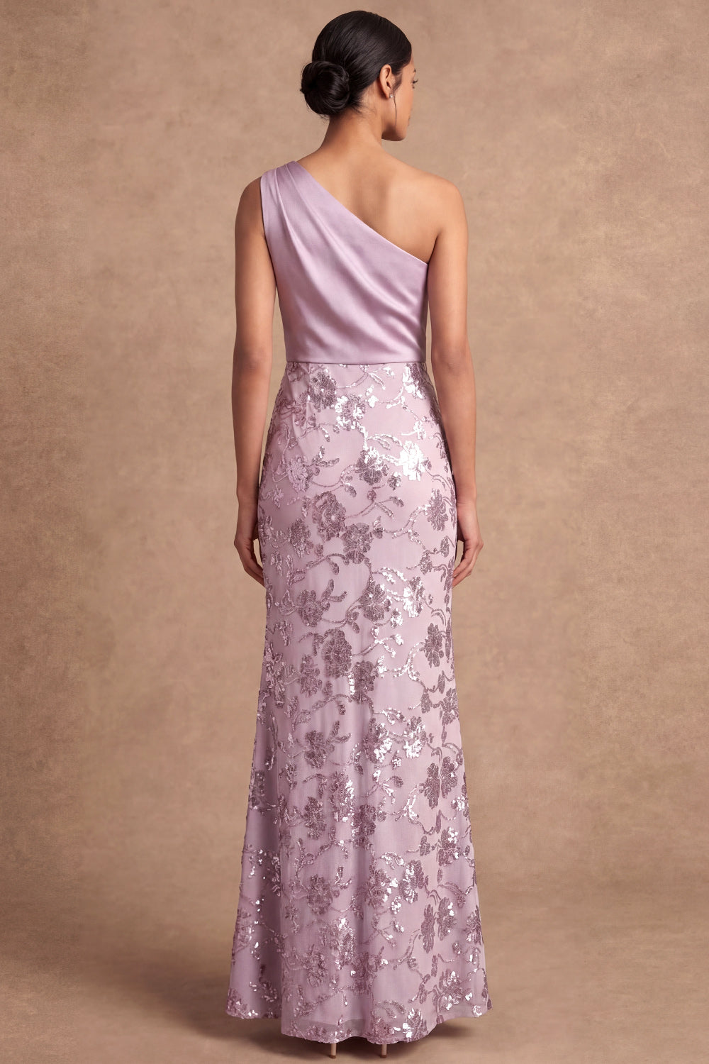 One Shoulder Lilac Sheath Floral Appliqued Long Wedding Guest Dress