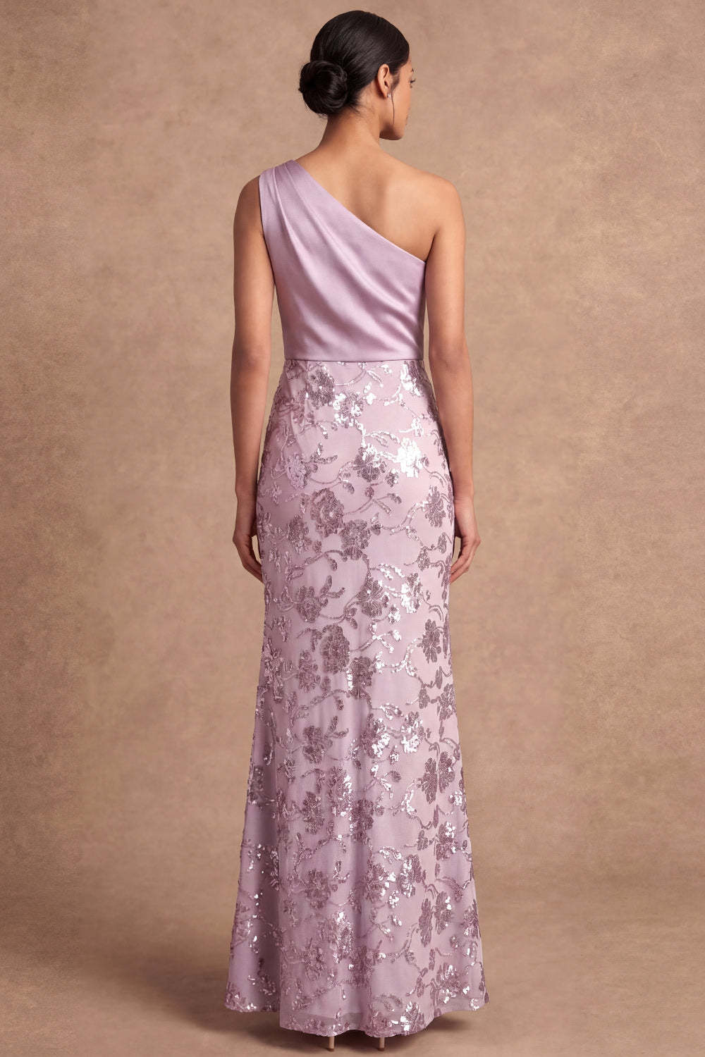One Shoulder Lilac Sheath Floral Appliqued Long Wedding Guest Dress