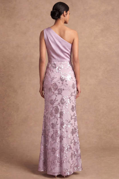 One Shoulder Lilac Sheath Floral Appliqued Long Wedding Guest Dress
