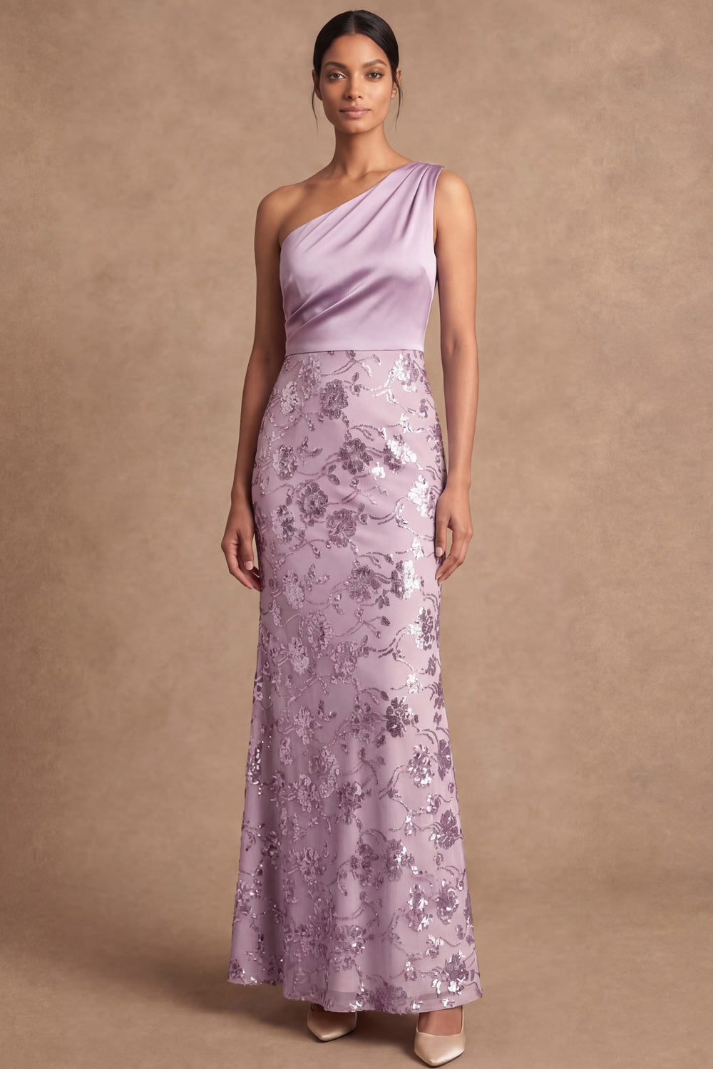 One Shoulder Lilac Sheath Floral Appliqued Long Wedding Guest Dress