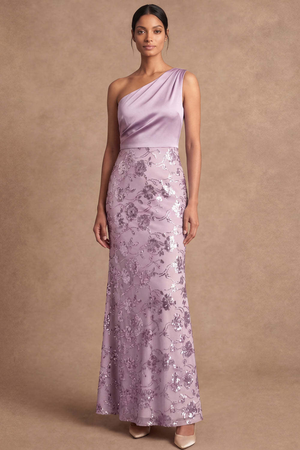 One Shoulder Lilac Sheath Floral Appliqued Long Wedding Guest Dress
