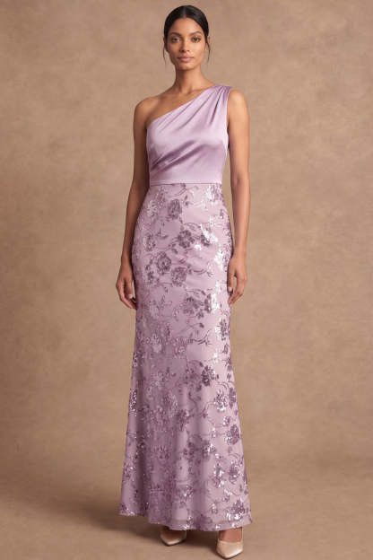 One Shoulder Lilac Sheath Floral Appliqued Long Wedding Guest Dress