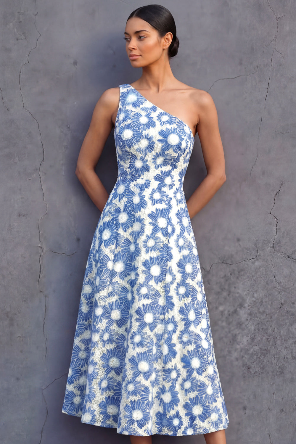 Leely Women Light Blue One Shoulder Floral A Line Midi Formal Dress Backless Sleeveless Garden Party Dress