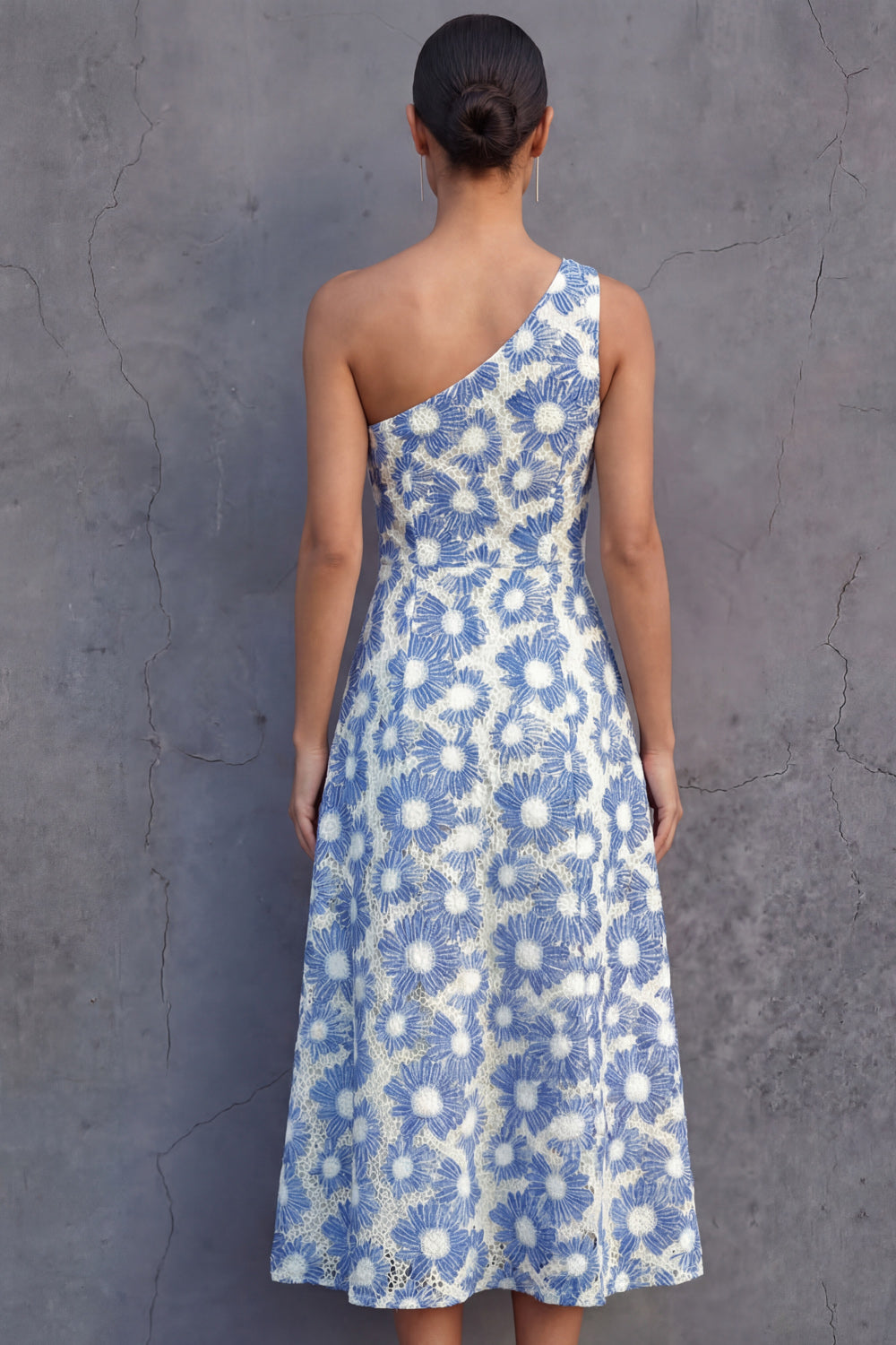 Light Blue One Shoulder Floral A Line Midi Formal Dress