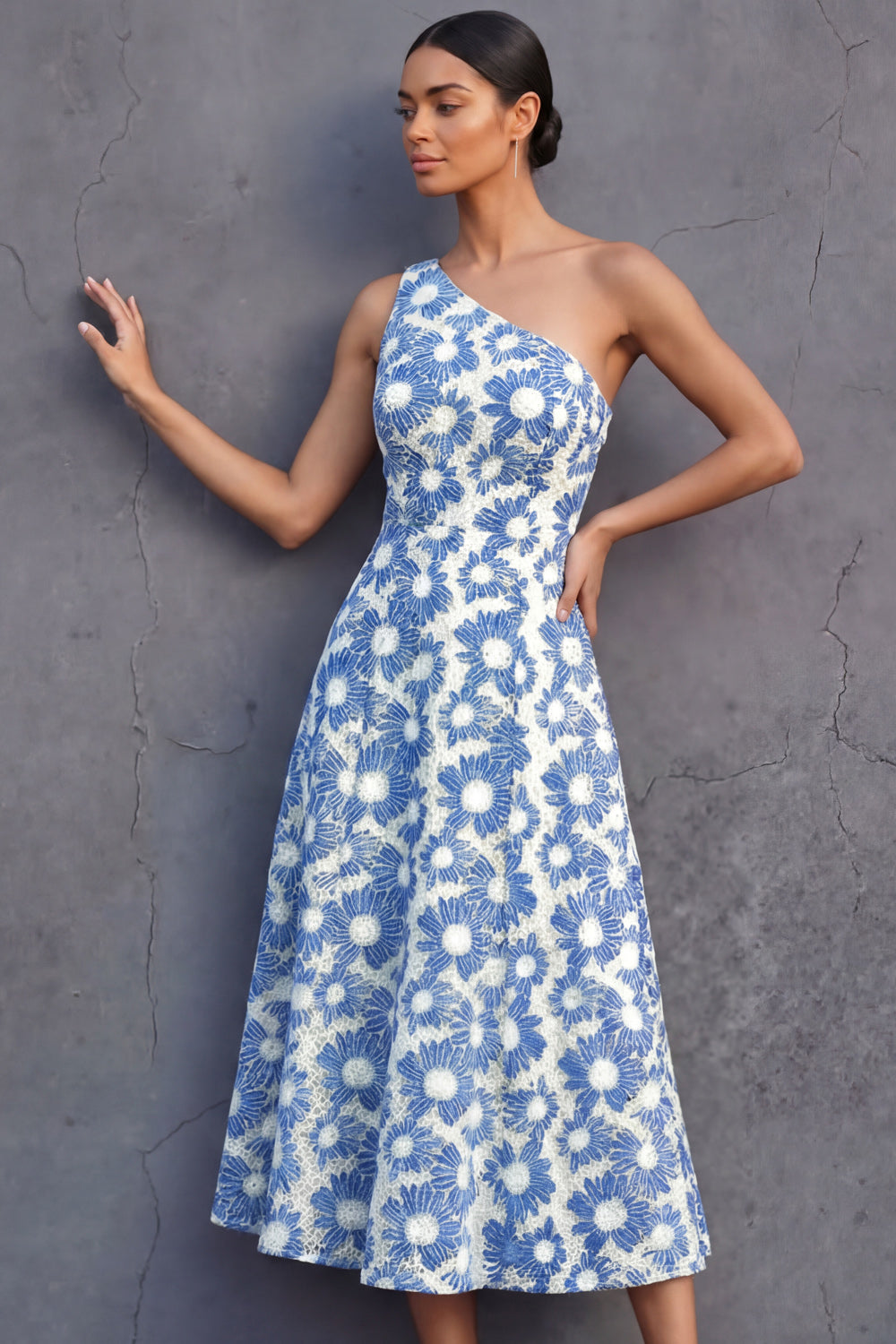 Light Blue One Shoulder Floral A Line Midi Formal Dress