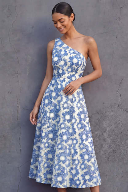 Light Blue One Shoulder Floral A Line Midi Formal Dress
