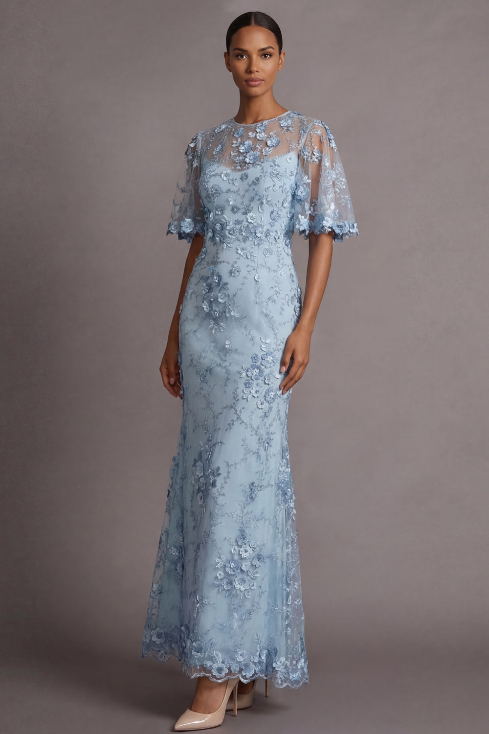 Leely Women Light Blue Sheath Floral Long Formal Dress Appliqued Illusion Neck Wedding Guest Dress