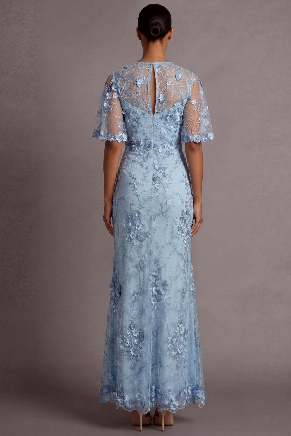 Light Blue Sheath Floral Appliqued Illusion Neck Long Formal Dress