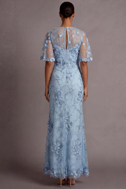 Light Blue Sheath Floral Appliqued Illusion Neck Long Formal Dress