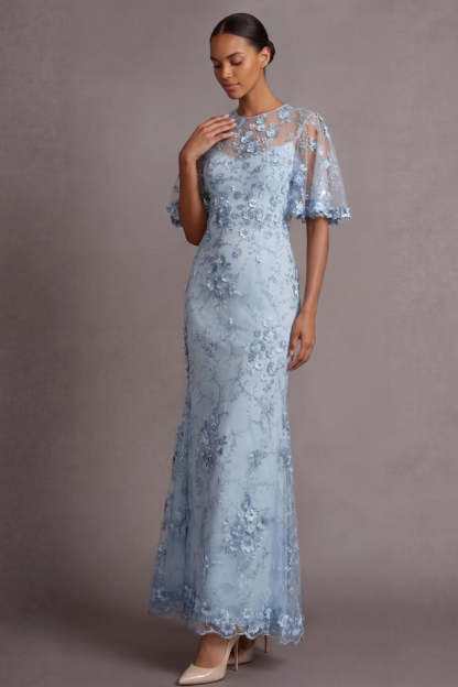 Light Blue Sheath Floral Appliqued Illusion Neck Long Formal Dress