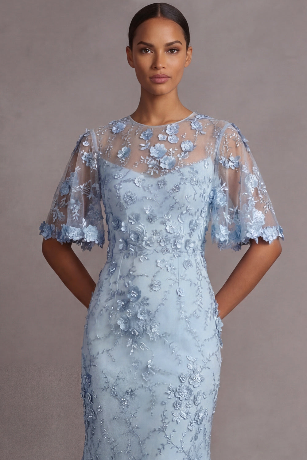 Light Blue Sheath Floral Appliqued Illusion Neck Long Formal Dress
