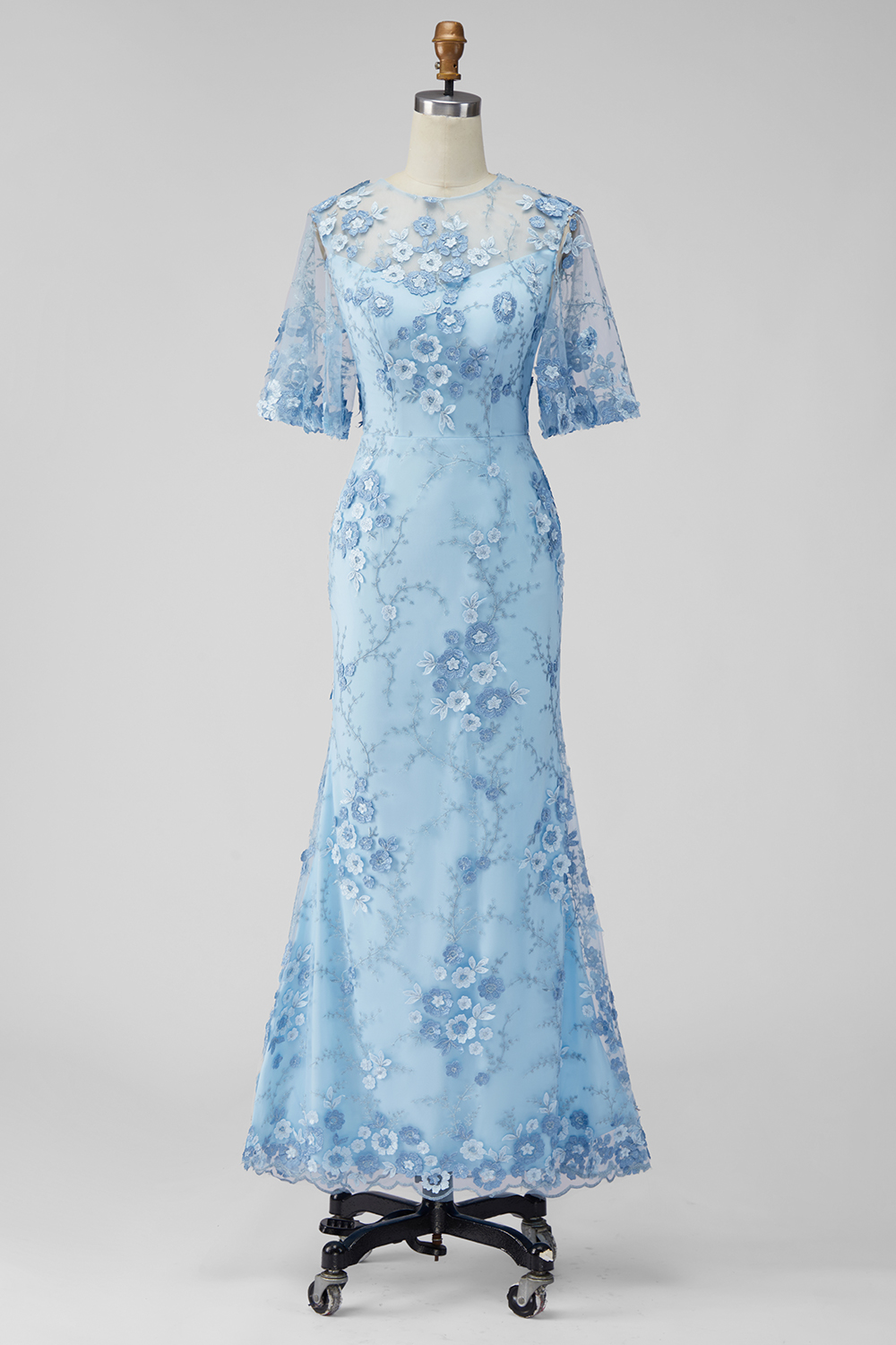 Light Blue Sheath Floral Appliqued Illusion Neck Long Wedding Guest Dress