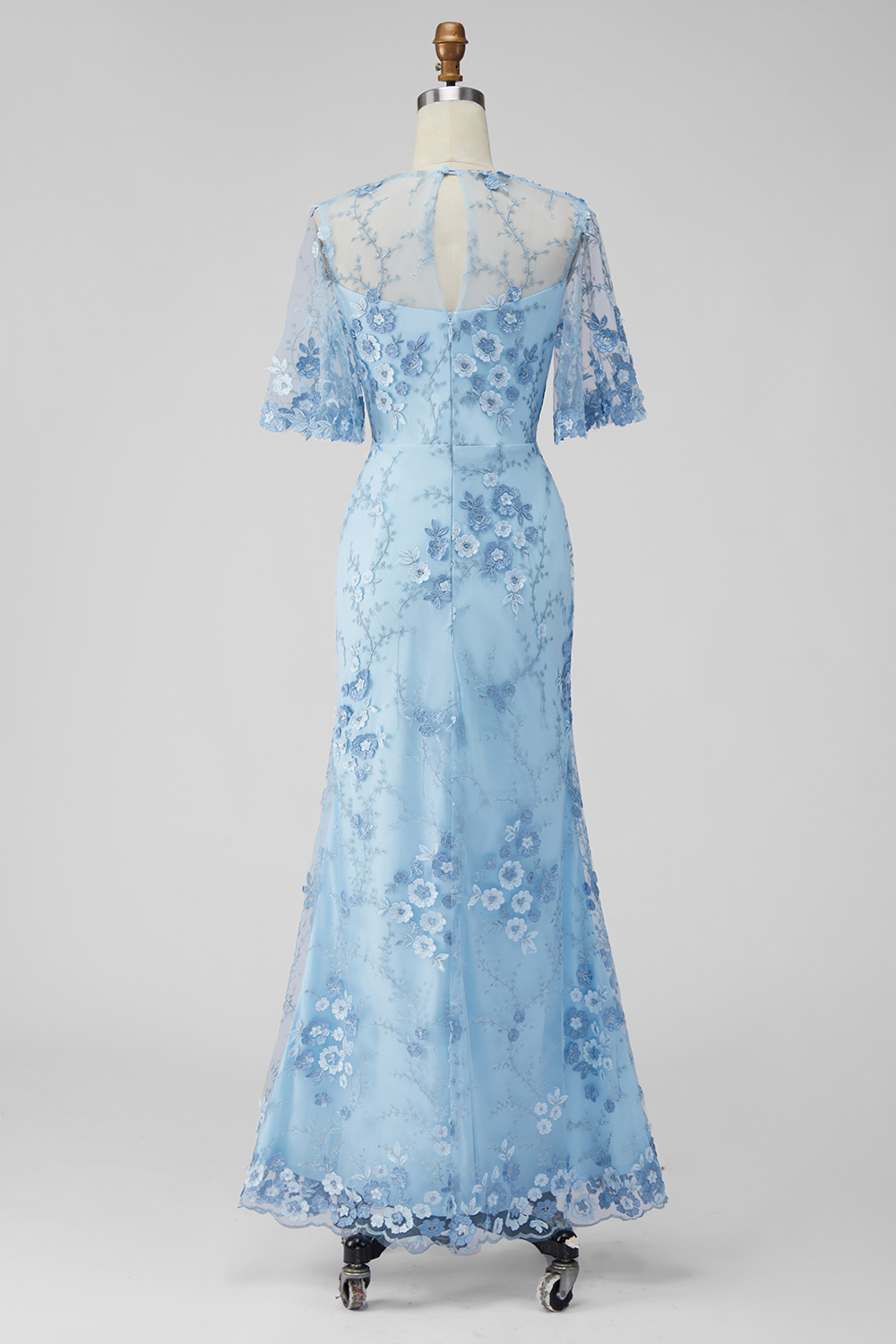 Light Blue Sheath Floral Appliqued Illusion Neck Long Wedding Guest Dress