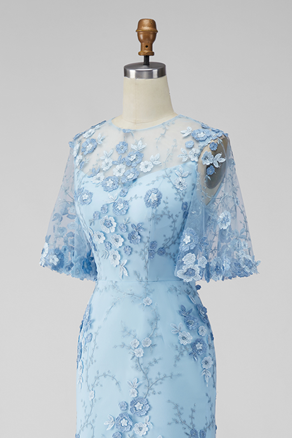 Light Blue Sheath Floral Appliqued Illusion Neck Long Wedding Guest Dress