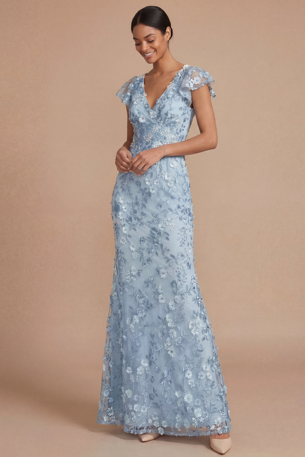 Light Blue Sheath Appliqued Floral V Neck Long Formal Dress