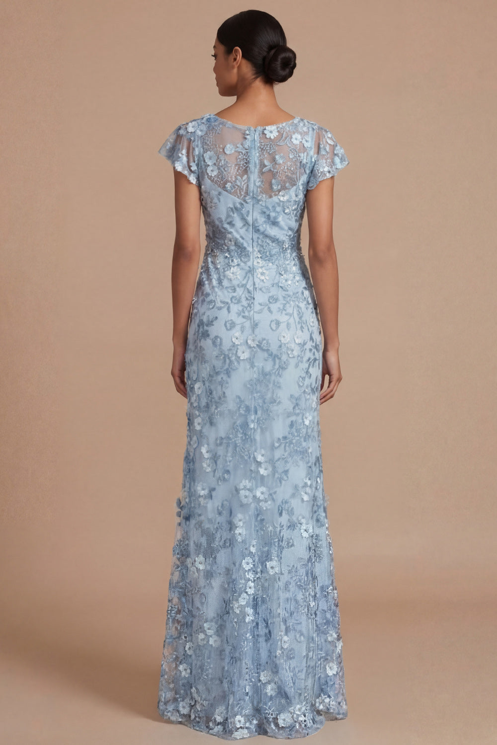 Light Blue Sheath Appliqued Floral V Neck Long Formal Dress