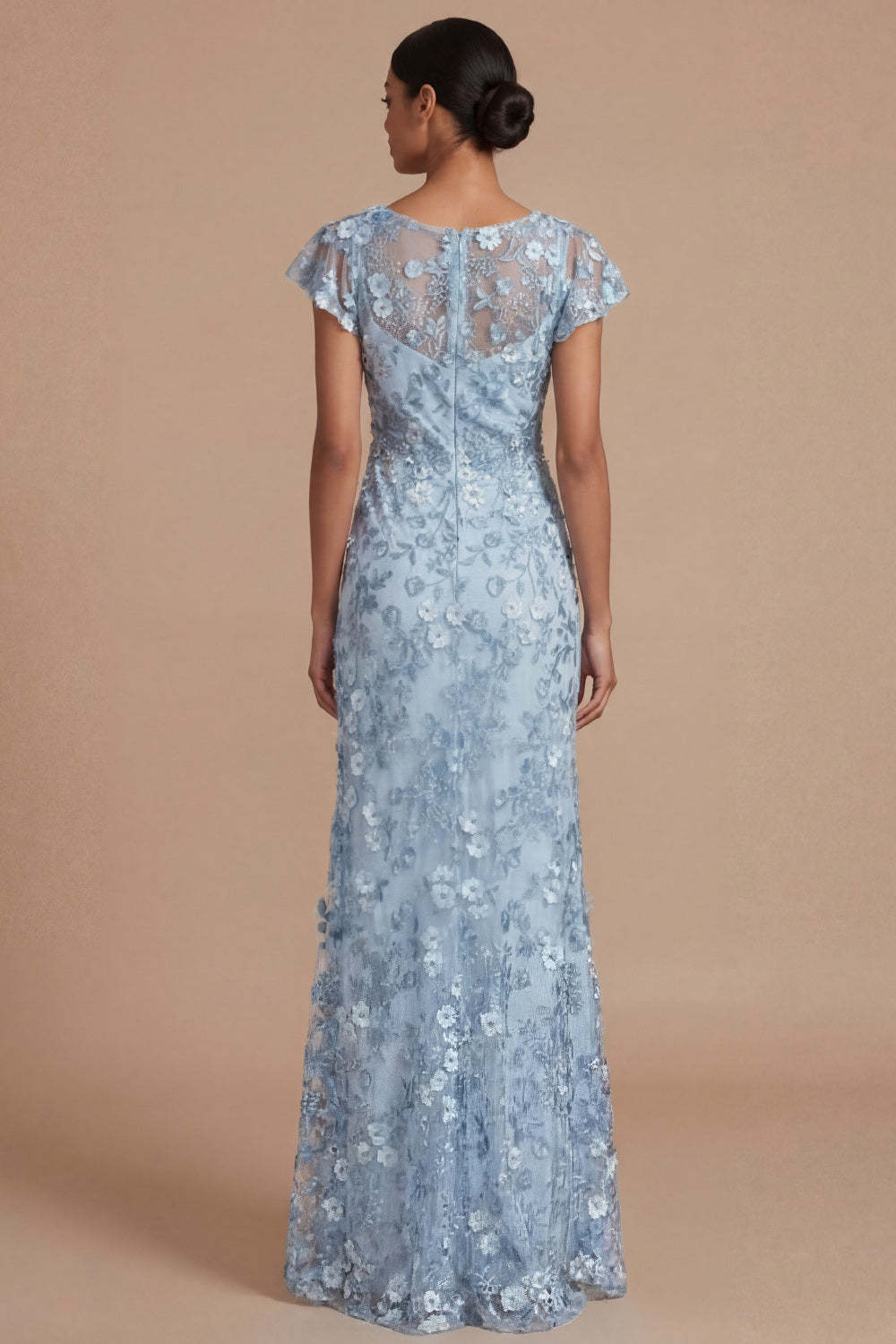Light Blue Sheath Appliqued Floral V Neck Long Formal Dress