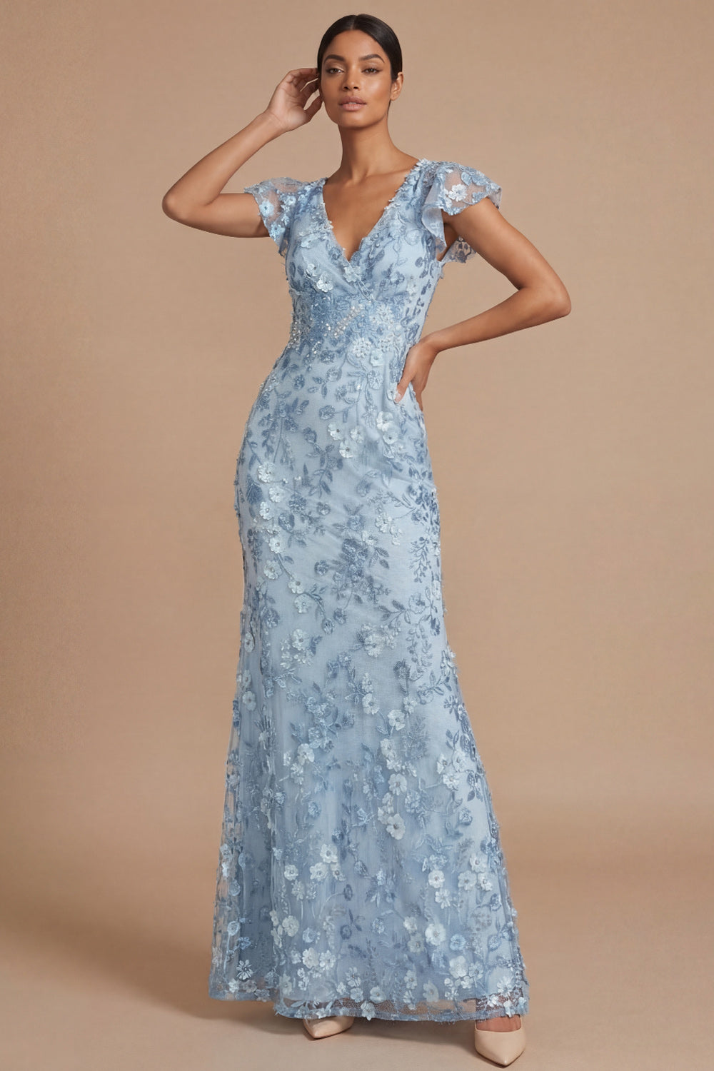 Light Blue Sheath Appliqued Floral V Neck Long Formal Dress