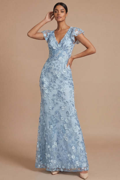 Leely Women Light Blue Sheath Floral V Neck Long Formal Dress Appliqued Short Sleeves Wedding Guest Dress