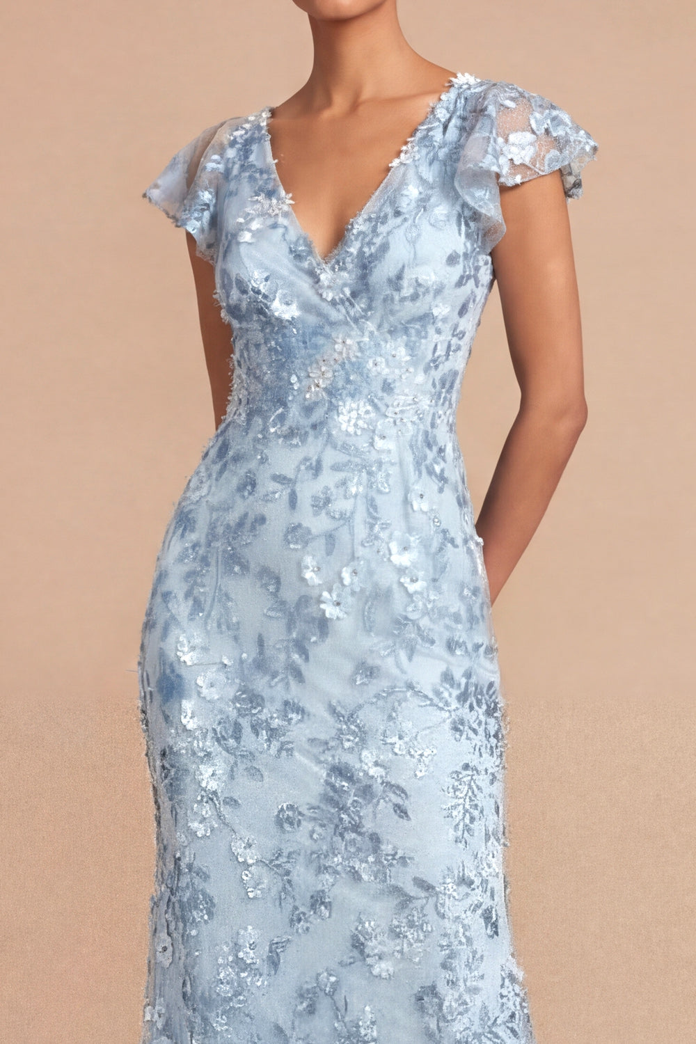 Light Blue Sheath Appliqued Floral V Neck Long Formal Dress