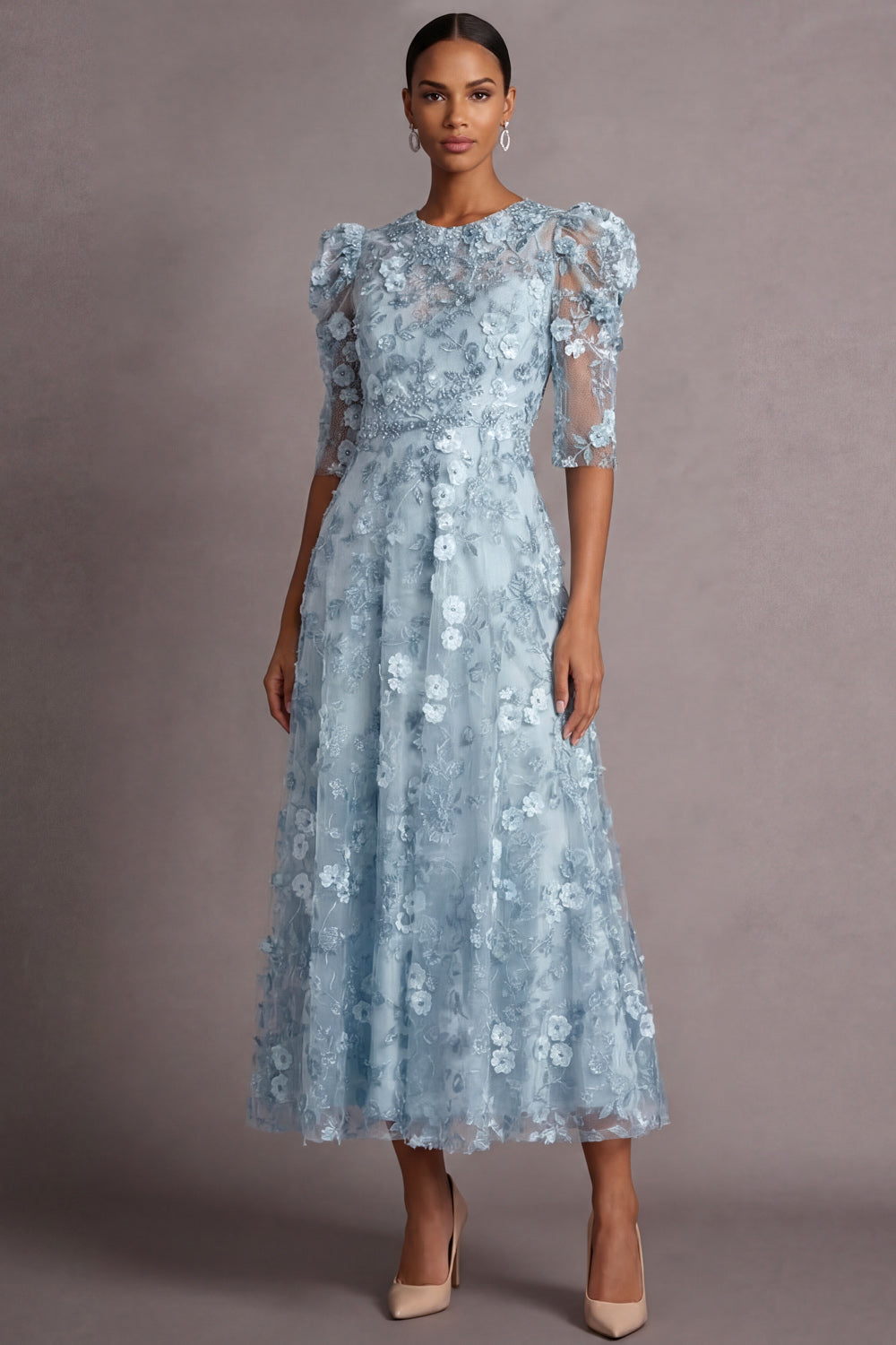 Light Blue Floral A Line Appliqued Puff Sleeves Midi Wedding Guest Dress